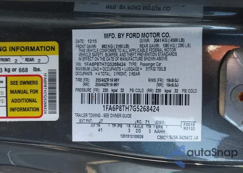 2016 Ford Mustang Ecoboost z USA, uszkodzony, nr VIN 1FA6P8TH7G5268424